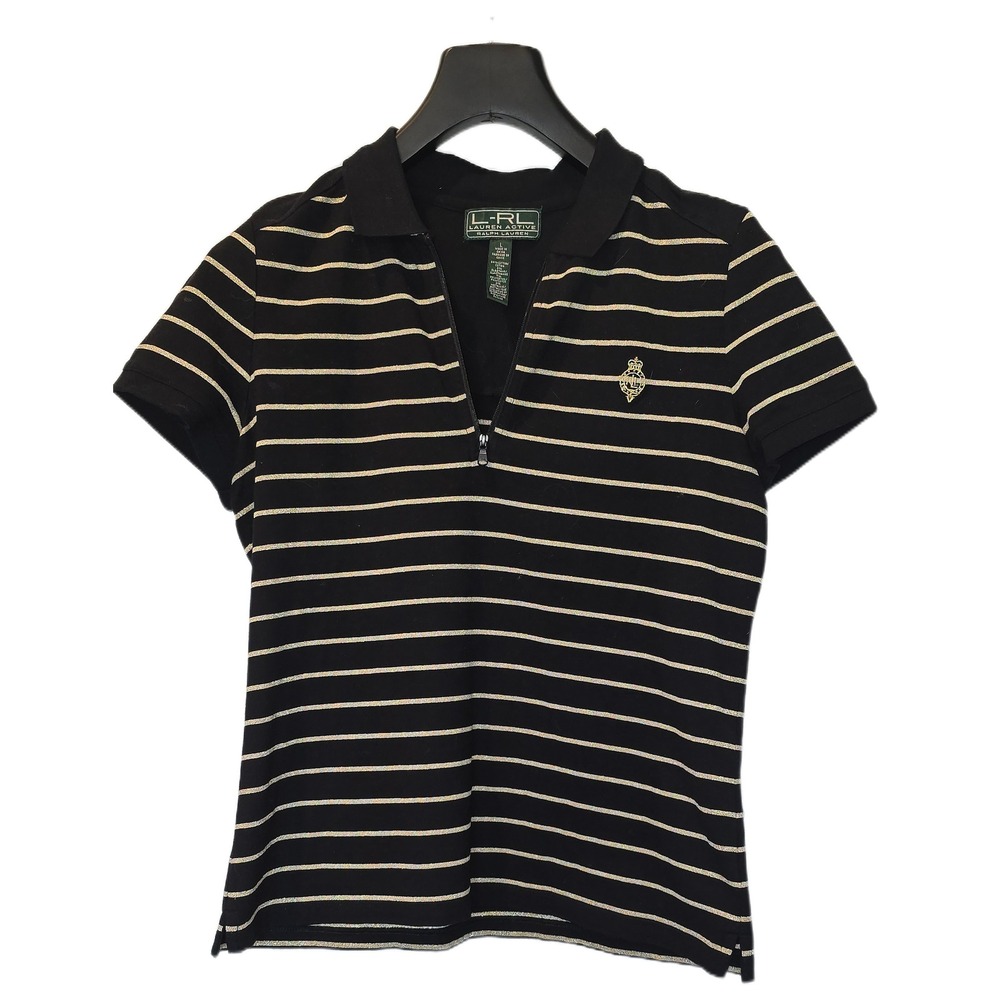 Lauren Ralph Lauren Active Womens Black Gold Metallic Striped Quarter Zip Polo L